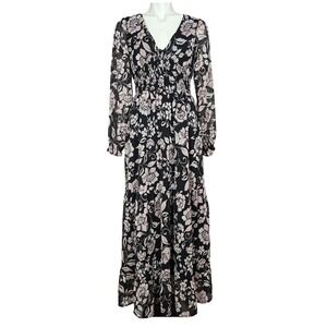 Patrons Of Peace Women's Floral Smocked Waist Button Maxi Dress Black Medium